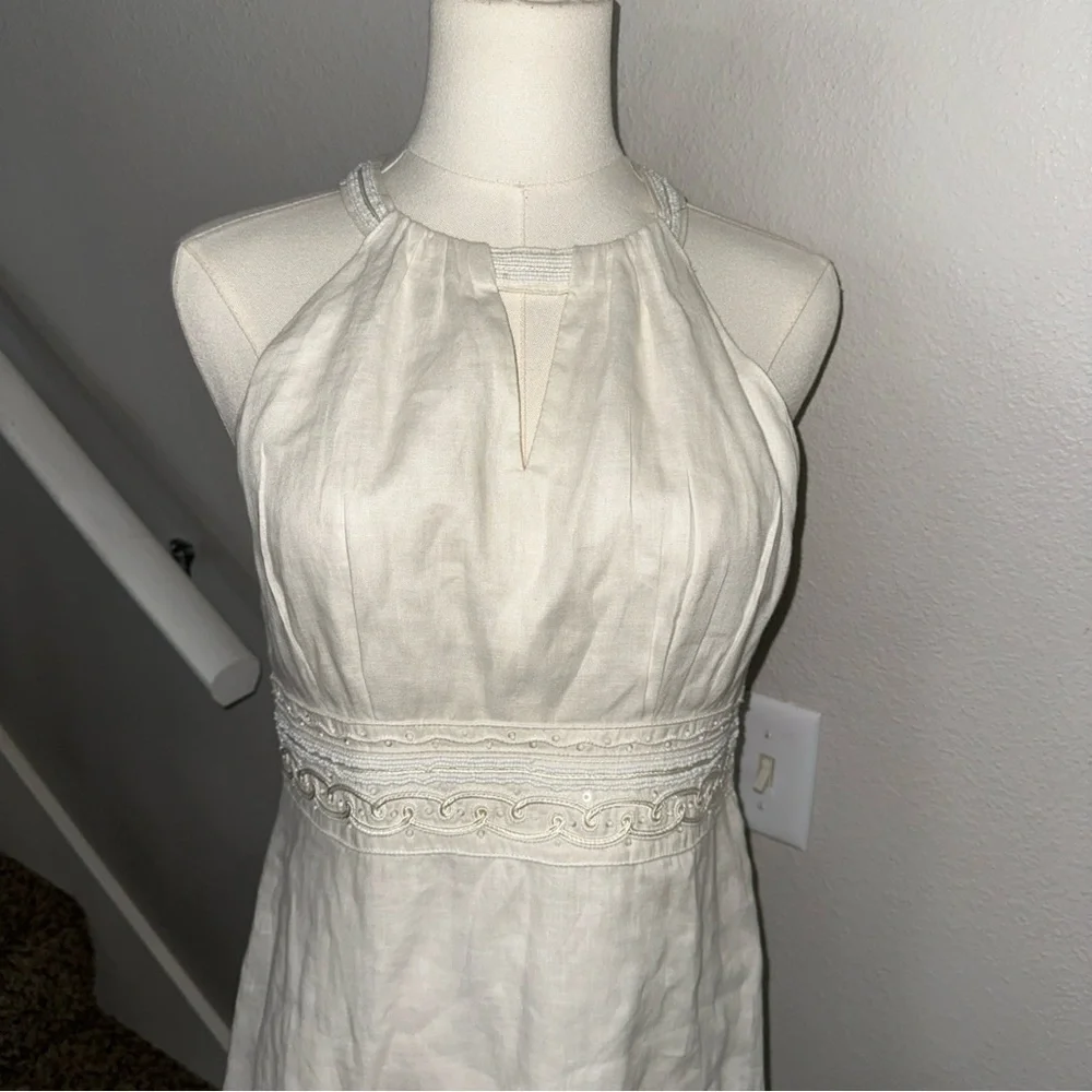 Ann Taylor Halter Beaded  lined Linen Midi Dress Off White S 8 EUC Hidden Zipper - Picture 4 of 8